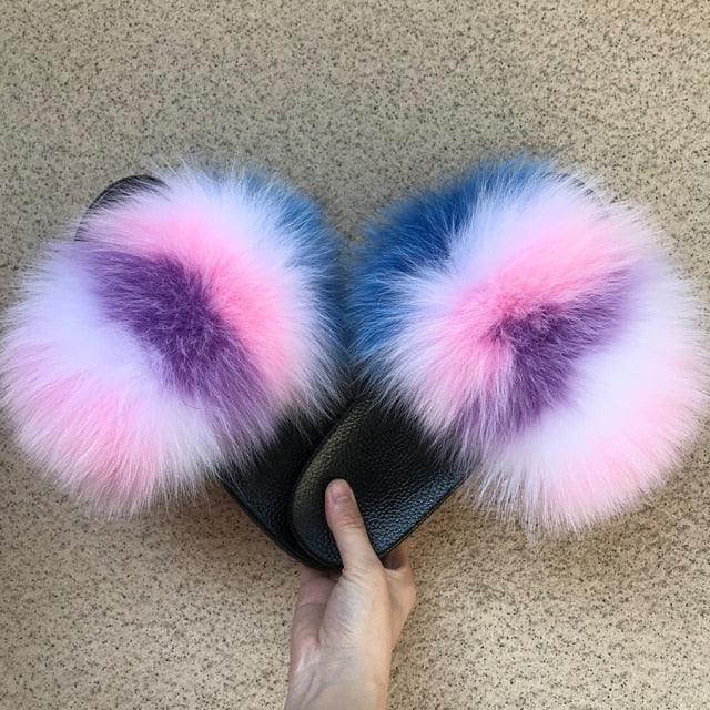 Pantoufles en Fourrure de Renard Tendance Femmes Confort Moelleux Chaussures Plates d'Été Douces Claquettes d'Intérieur Sandales Élégantes Légères Pantoufles de Maison à Bande Pelucheuse à Enfiler Bout Ouvert