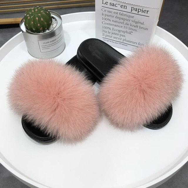 Pantoufles en Fourrure de Renard Tendance Femmes Confort Moelleux Chaussures Plates d'Été Douces Claquettes d'Intérieur Sandales Élégantes Légères Pantoufles de Maison à Bande Pelucheuse à Enfiler Bout Ouvert
