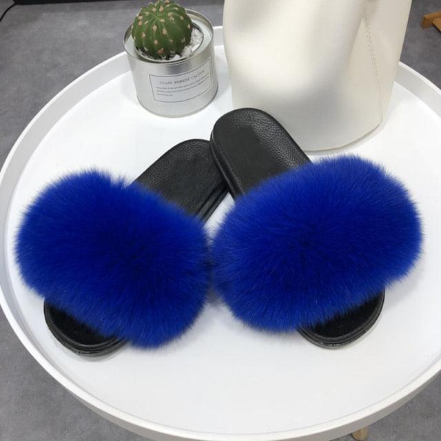 Pantoufles en Fourrure de Renard Tendance Femmes Confort Moelleux Chaussures Plates d'Été Douces Claquettes d'Intérieur Sandales Élégantes Légères Pantoufles de Maison à Bande Pelucheuse à Enfiler Bout Ouvert