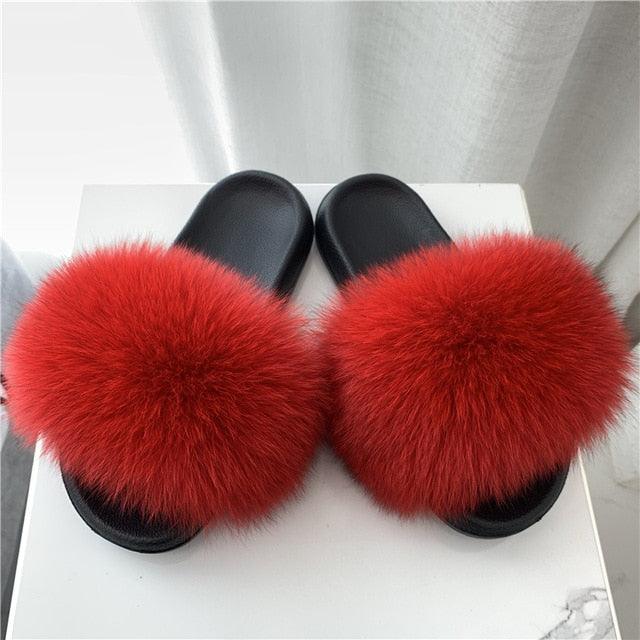 Pantoufles en Fourrure de Renard Tendance Femmes Confort Moelleux Chaussures Plates d'Été Douces Claquettes d'Intérieur Sandales Élégantes Légères Pantoufles de Maison à Bande Pelucheuse à Enfiler Bout Ouvert