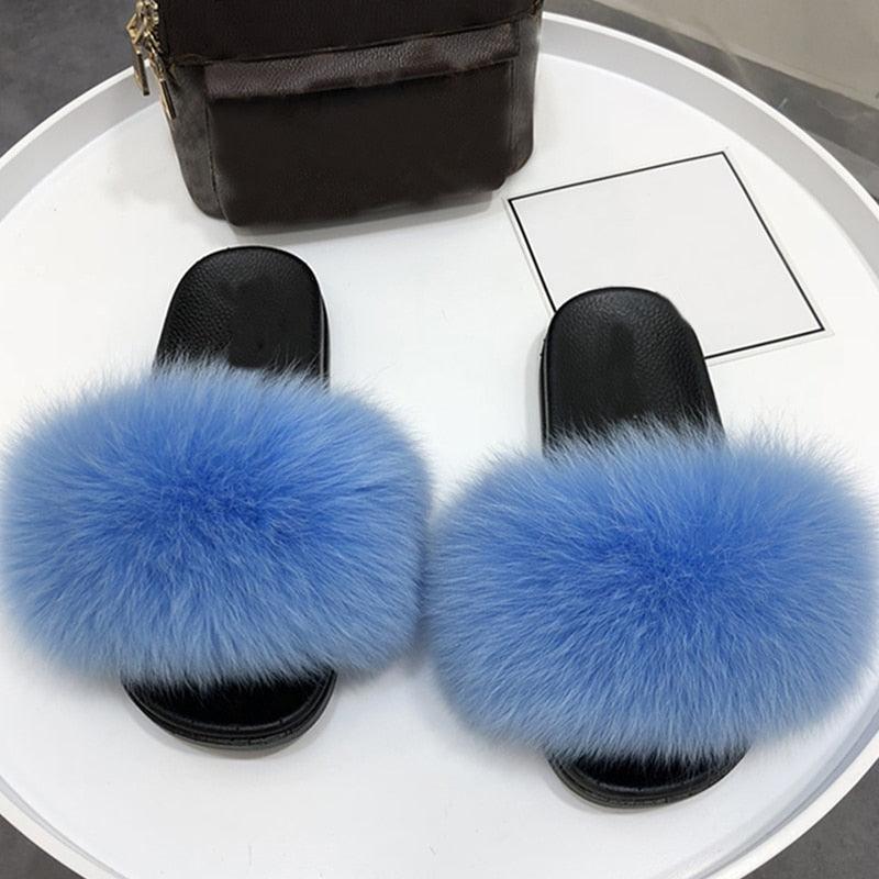 Pantoufles en Fourrure de Renard Tendance Femmes Confort Moelleux Chaussures Plates d'Été Douces Claquettes d'Intérieur Sandales Élégantes Légères Pantoufles de Maison à Bande Pelucheuse à Enfiler Bout Ouvert