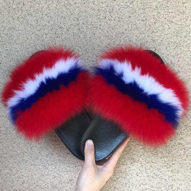 Pantoufles en Fourrure de Renard Tendance Femmes Confort Moelleux Chaussures Plates d'Été Douces Claquettes d'Intérieur Sandales Élégantes Légères Pantoufles de Maison à Bande Pelucheuse à Enfiler Bout Ouvert