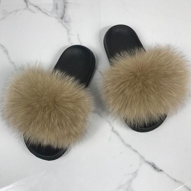 Pantoufles en Fourrure de Renard Tendance Femmes Confort Moelleux Chaussures Plates d'Été Douces Claquettes d'Intérieur Sandales Élégantes Légères Pantoufles de Maison à Bande Pelucheuse à Enfiler Bout Ouvert