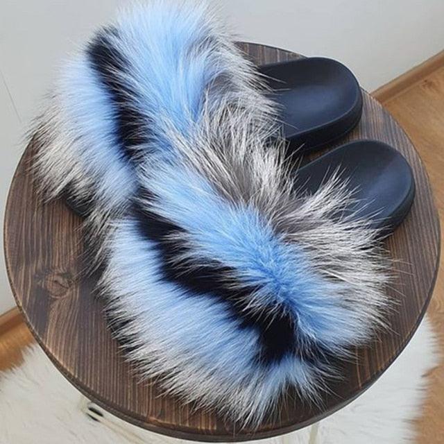 Pantoufles en Fourrure de Renard Tendance Femmes Confort Moelleux Chaussures Plates d'Été Douces Claquettes d'Intérieur Sandales Élégantes Légères Pantoufles de Maison à Bande Pelucheuse à Enfiler Bout Ouvert