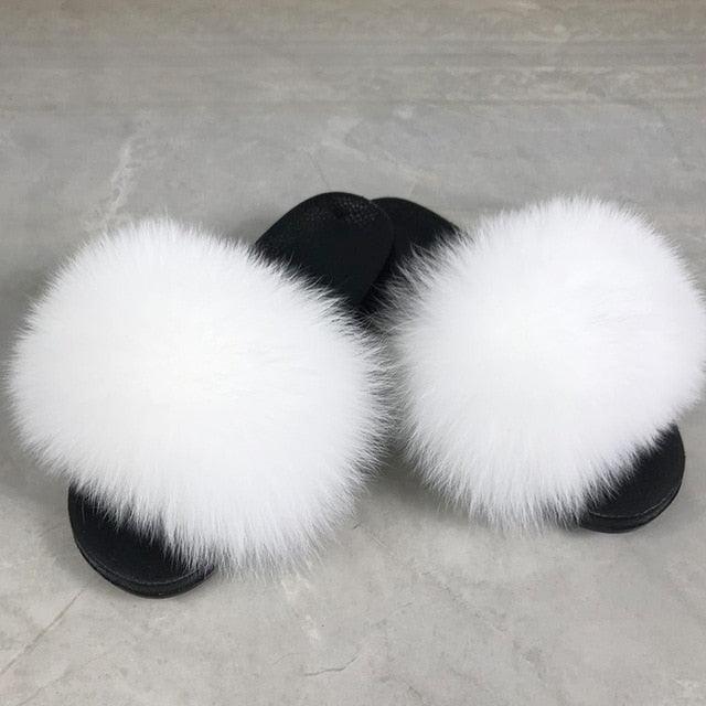 Pantoufles en Fourrure de Renard Tendance Femmes Confort Moelleux Chaussures Plates d'Été Douces Claquettes d'Intérieur Sandales Élégantes Légères Pantoufles de Maison à Bande Pelucheuse à Enfiler Bout Ouvert