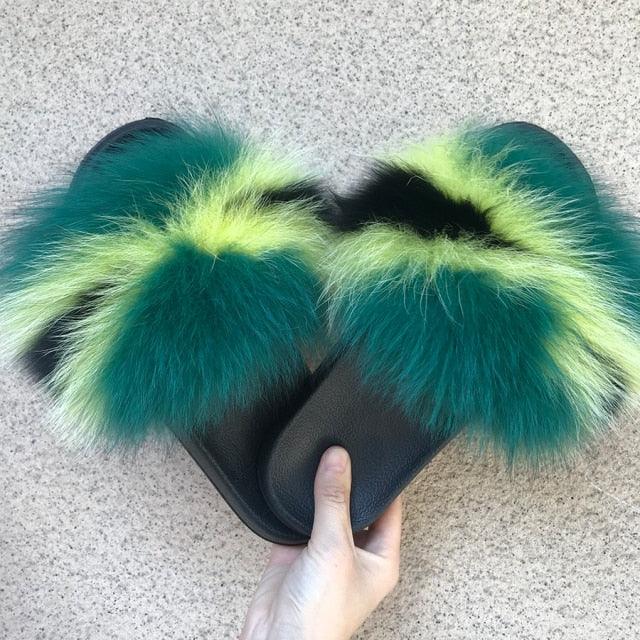 Pantoufles en Fourrure de Renard Tendance Femmes Confort Moelleux Chaussures Plates d'Été Douces Claquettes d'Intérieur Sandales Élégantes Légères Pantoufles de Maison à Bande Pelucheuse à Enfiler Bout Ouvert