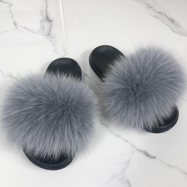 Pantoufles en Fourrure de Renard Tendance Femmes Confort Moelleux Chaussures Plates d'Été Douces Claquettes d'Intérieur Sandales Élégantes Légères Pantoufles de Maison à Bande Pelucheuse à Enfiler Bout Ouvert