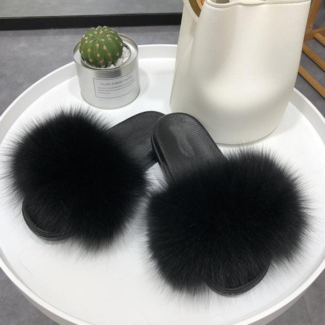 Pantoufles en Fourrure de Renard Tendance Femmes Confort Moelleux Chaussures Plates d'Été Douces Claquettes d'Intérieur Sandales Élégantes Légères Pantoufles de Maison à Bande Pelucheuse à Enfiler Bout Ouvert