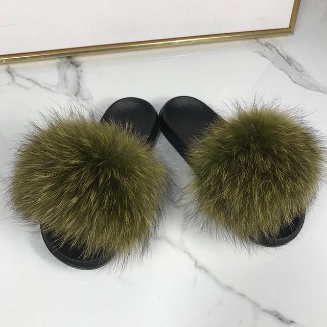 Pantoufles en Fourrure de Renard Tendance Femmes Confort Moelleux Chaussures Plates d'Été Douces Claquettes d'Intérieur Sandales Élégantes Légères Pantoufles de Maison à Bande Pelucheuse à Enfiler Bout Ouvert