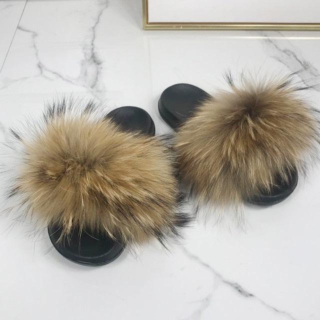 Pantoufles en Fourrure de Renard Tendance Femmes Confort Moelleux Chaussures Plates d'Été Douces Claquettes d'Intérieur Sandales Élégantes Légères Pantoufles de Maison à Bande Pelucheuse à Enfiler Bout Ouvert