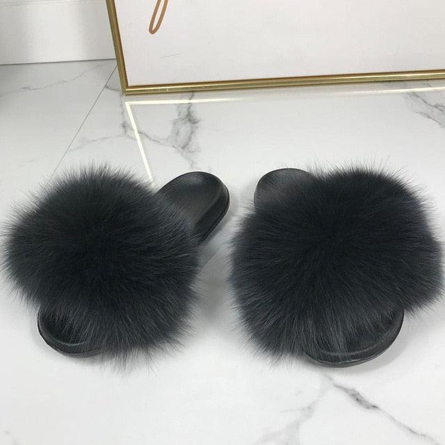 Pantoufles en Fourrure de Renard Tendance Femmes Confort Moelleux Chaussures Plates d'Été Douces Claquettes d'Intérieur Sandales Élégantes Légères Pantoufles de Maison à Bande Pelucheuse à Enfiler Bout Ouvert