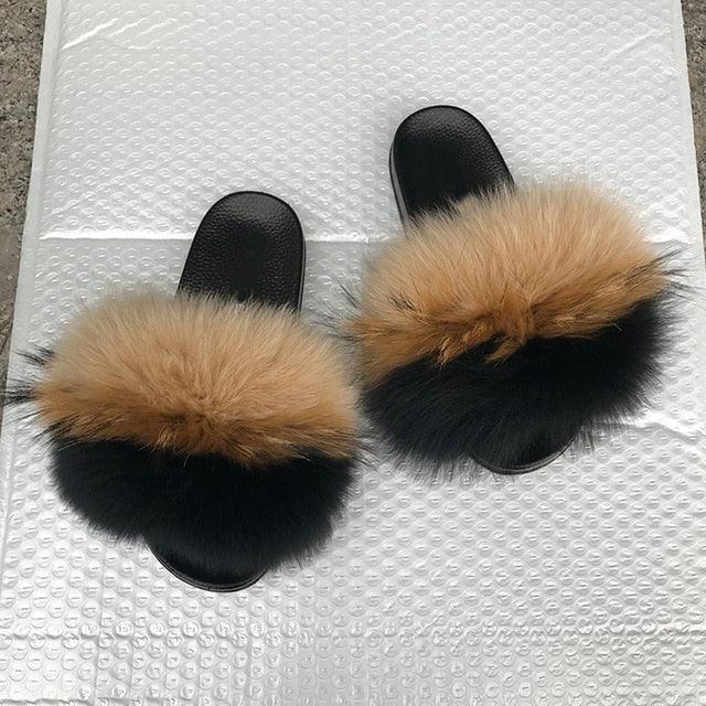 Pantoufles en Fourrure de Renard Tendance Femmes Confort Moelleux Chaussures Plates d'Été Douces Claquettes d'Intérieur Sandales Élégantes Légères Pantoufles de Maison à Bande Pelucheuse à Enfiler Bout Ouvert