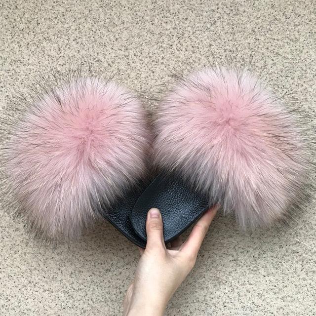 Pantoufles en Fourrure de Renard Tendance Femmes Confort Moelleux Chaussures Plates d'Été Douces Claquettes d'Intérieur Sandales Élégantes Légères Pantoufles de Maison à Bande Pelucheuse à Enfiler Bout Ouvert