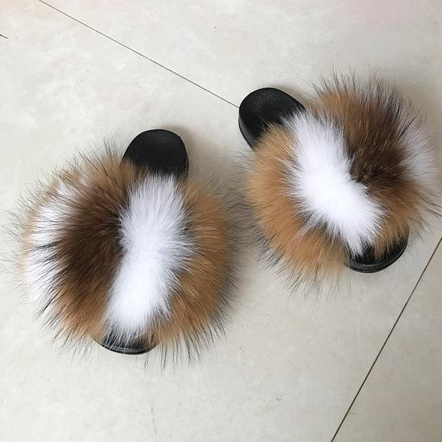 Pantoufles en Fourrure de Renard Tendance Femmes Confort Moelleux Chaussures Plates d'Été Douces Claquettes d'Intérieur Sandales Élégantes Légères Pantoufles de Maison à Bande Pelucheuse à Enfiler Bout Ouvert