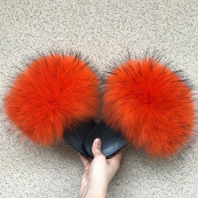 Pantoufles en Fourrure de Renard Tendance Femmes Confort Moelleux Chaussures Plates d'Été Douces Claquettes d'Intérieur Sandales Élégantes Légères Pantoufles de Maison à Bande Pelucheuse à Enfiler Bout Ouvert