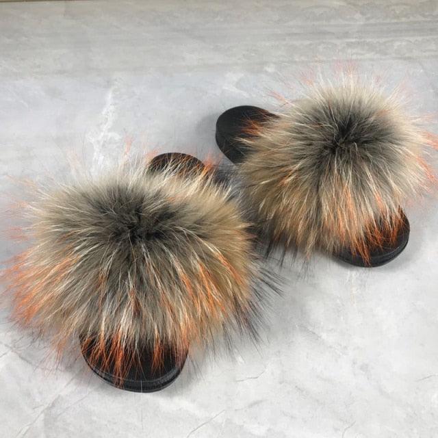 Pantoufles en Fourrure de Renard Tendance Femmes Confort Moelleux Chaussures Plates d'Été Douces Claquettes d'Intérieur Sandales Élégantes Légères Pantoufles de Maison à Bande Pelucheuse à Enfiler Bout Ouvert