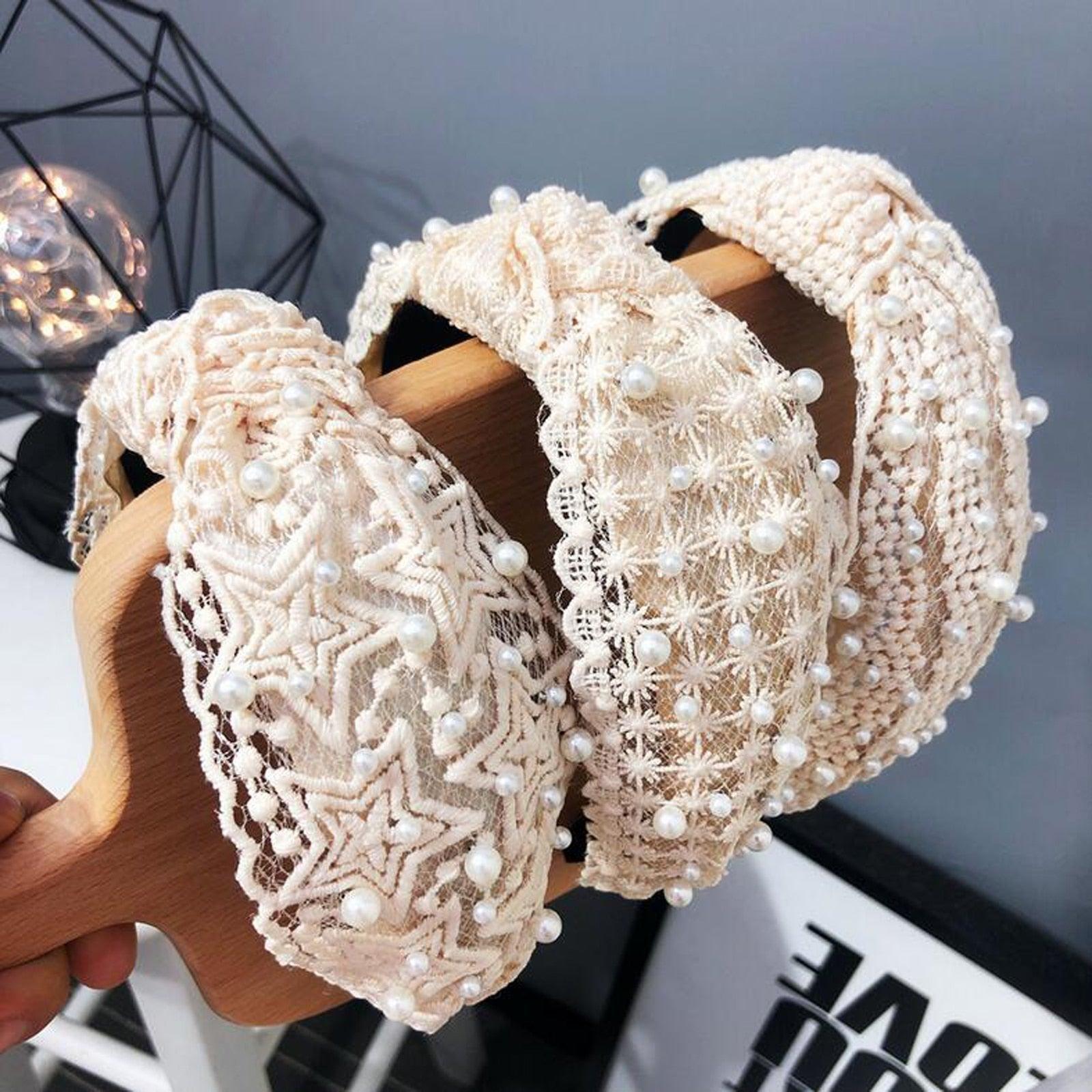 Serre-tête Perles pour Filles, Blanc, Noir, Dentelle, Bandeau, Perles Artificielles, Cercle à Cheveux, Nœud Central, Accessoires Capillaires Magnifiques pour Femmes