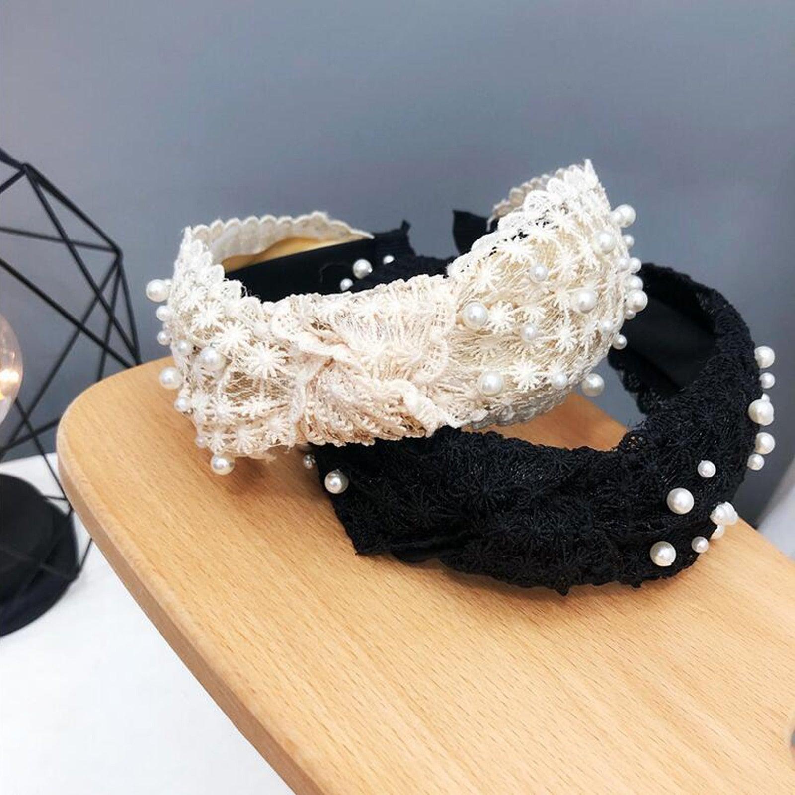Serre-tête Perles pour Filles, Blanc, Noir, Dentelle, Bandeau, Perles Artificielles, Cercle à Cheveux, Nœud Central, Accessoires Capillaires Magnifiques pour Femmes