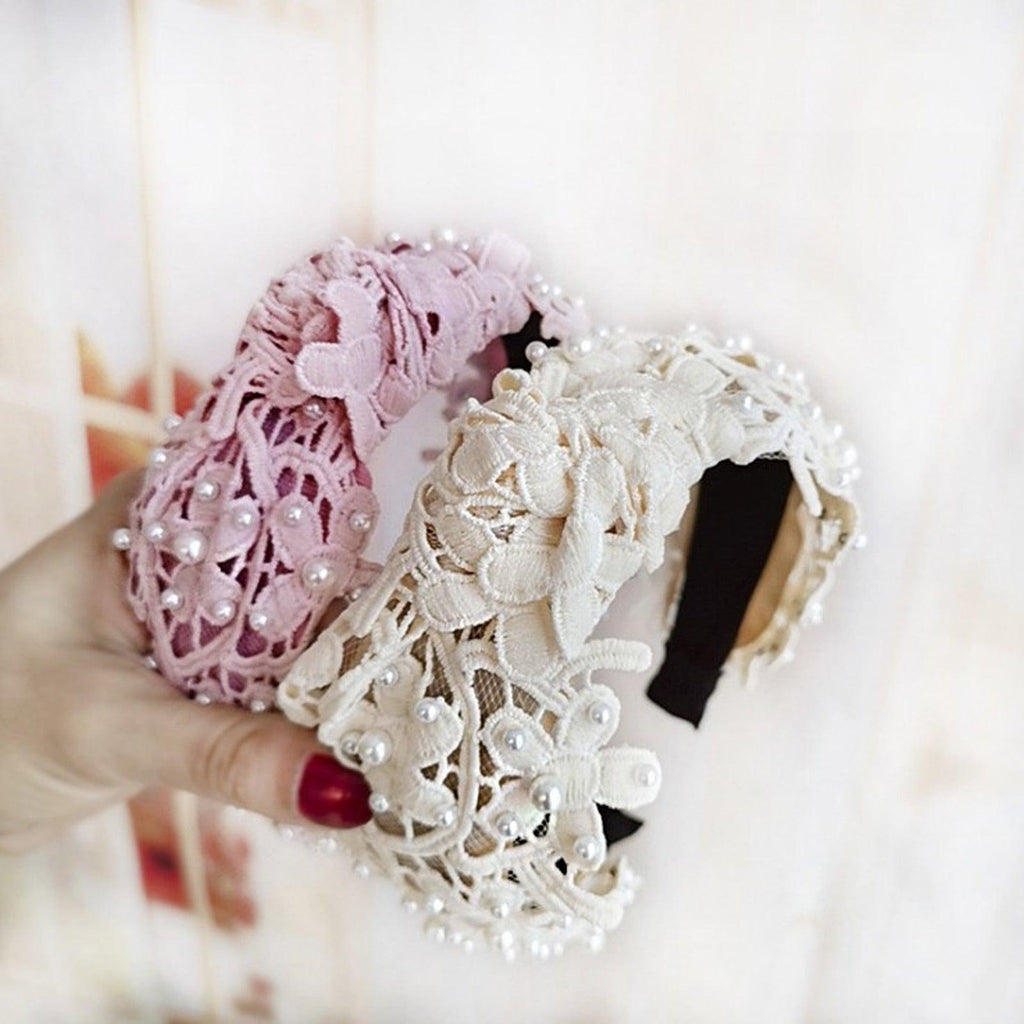 Serre-tête Perles pour Filles, Blanc, Noir, Dentelle, Bandeau, Perles Artificielles, Cercle à Cheveux, Nœud Central, Accessoires Capillaires Magnifiques pour Femmes
