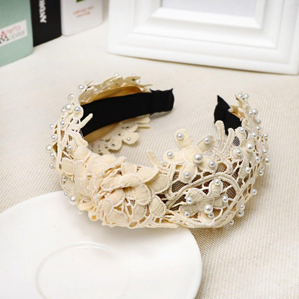 Serre-tête Perles pour Filles, Blanc, Noir, Dentelle, Bandeau, Perles Artificielles, Cercle à Cheveux, Nœud Central, Accessoires Capillaires Magnifiques pour Femmes