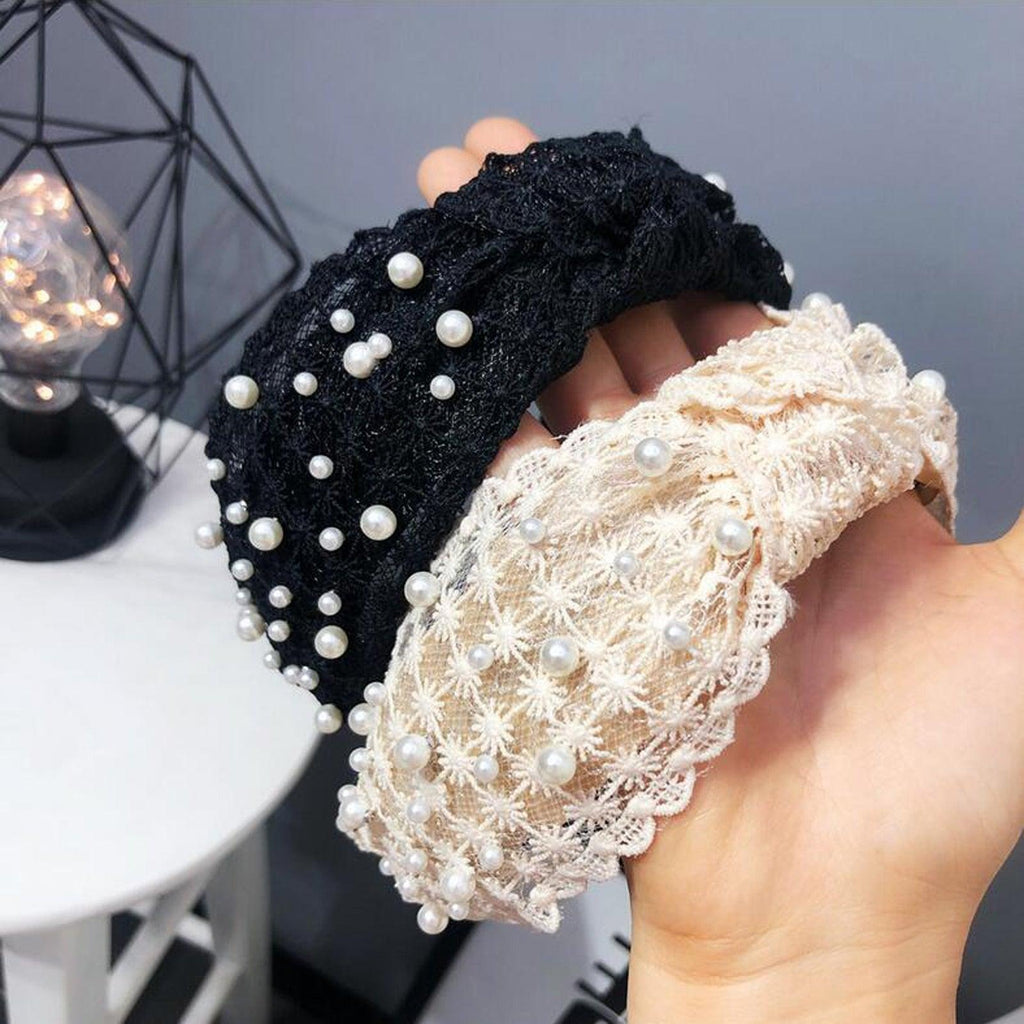 Serre-tête Perles pour Filles, Blanc, Noir, Dentelle, Bandeau, Perles Artificielles, Cercle à Cheveux, Nœud Central, Accessoires Capillaires Magnifiques pour Femmes