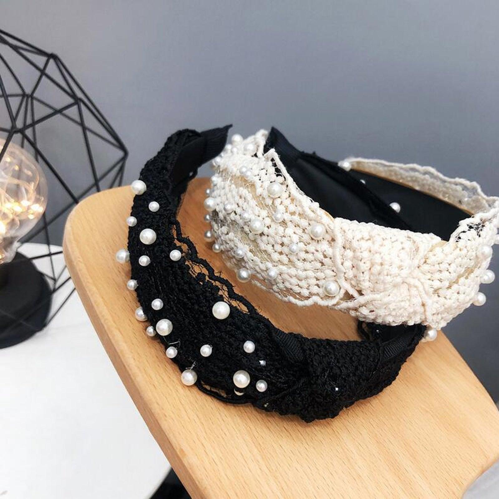 Serre-tête Perles pour Filles, Blanc, Noir, Dentelle, Bandeau, Perles Artificielles, Cercle à Cheveux, Nœud Central, Accessoires Capillaires Magnifiques pour Femmes