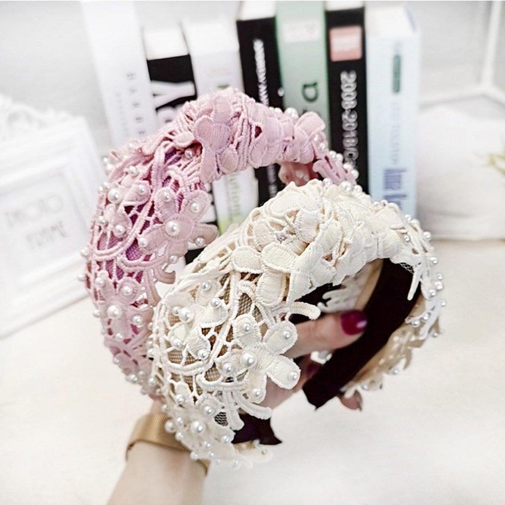 Serre-tête Perles pour Filles, Blanc, Noir, Dentelle, Bandeau, Perles Artificielles, Cercle à Cheveux, Nœud Central, Accessoires Capillaires Magnifiques pour Femmes