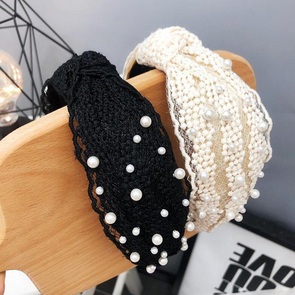 Serre-tête Perles pour Filles, Blanc, Noir, Dentelle, Bandeau, Perles Artificielles, Cercle à Cheveux, Nœud Central, Accessoires Capillaires Magnifiques pour Femmes