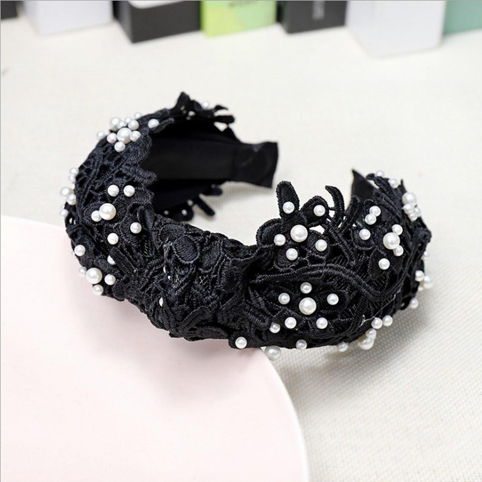 Serre-tête Perles pour Filles, Blanc, Noir, Dentelle, Bandeau, Perles Artificielles, Cercle à Cheveux, Nœud Central, Accessoires Capillaires Magnifiques pour Femmes