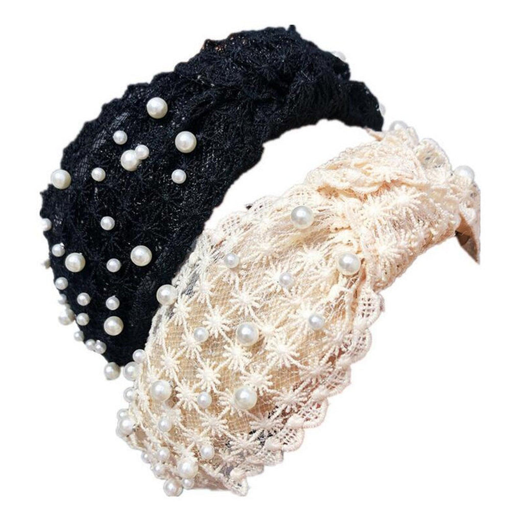 Serre-tête Perles pour Filles, Blanc, Noir, Dentelle, Bandeau, Perles Artificielles, Cercle à Cheveux, Nœud Central, Accessoires Capillaires Magnifiques pour Femmes