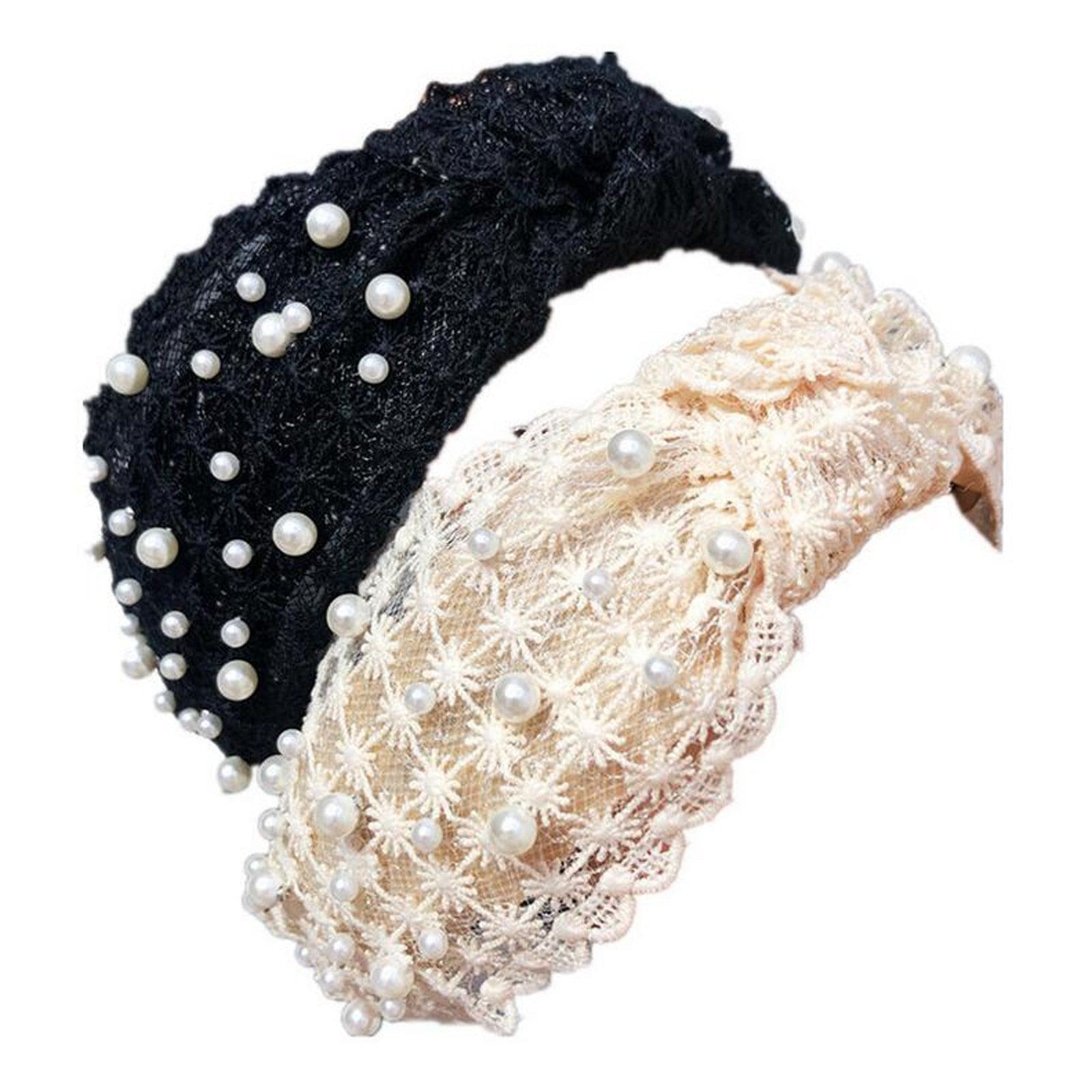 Serre-tête Perles pour Filles, Blanc, Noir, Dentelle, Bandeau, Perles Artificielles, Cercle à Cheveux, Nœud Central, Accessoires Capillaires Magnifiques pour Femmes