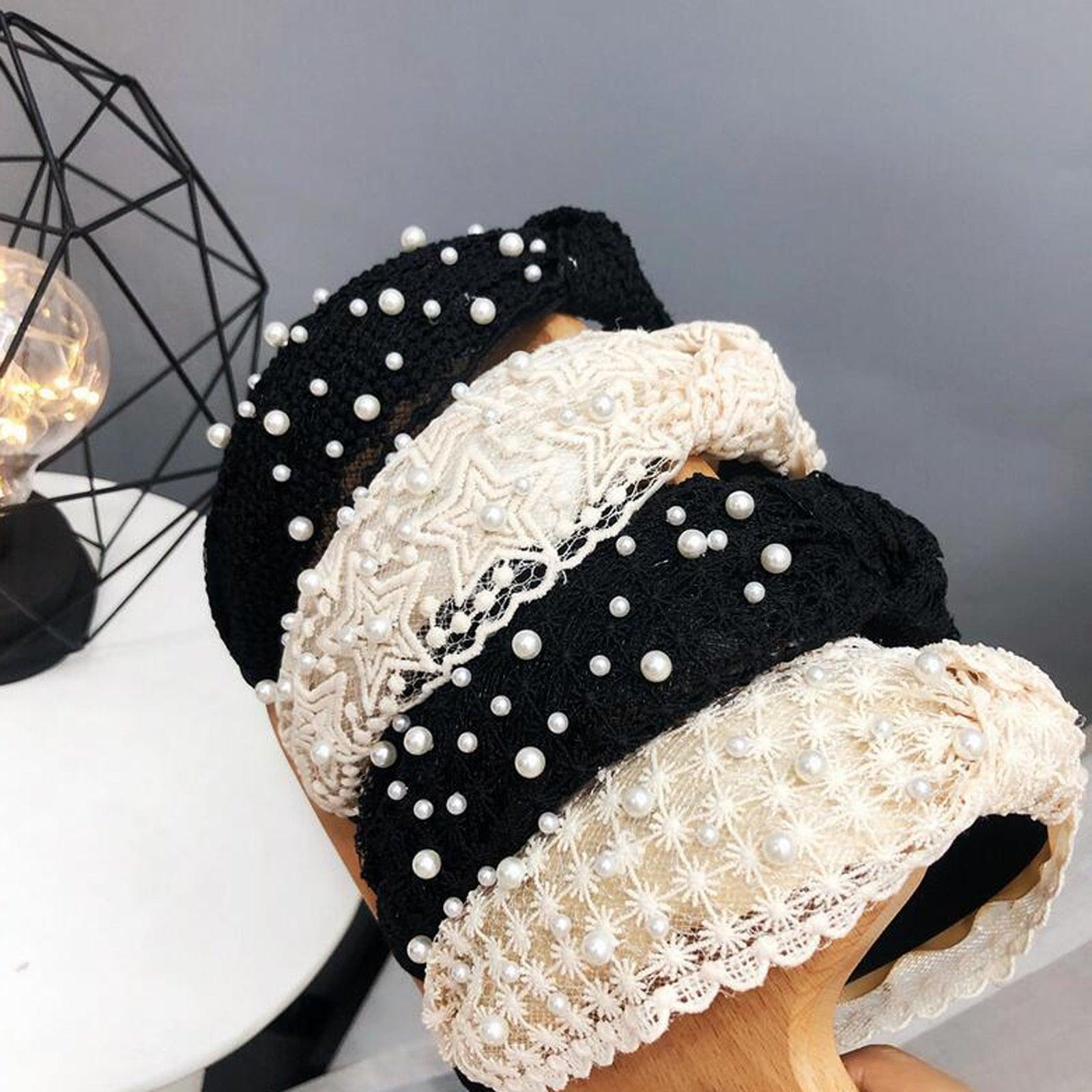 Serre-tête Perles pour Filles, Blanc, Noir, Dentelle, Bandeau, Perles Artificielles, Cercle à Cheveux, Nœud Central, Accessoires Capillaires Magnifiques pour Femmes