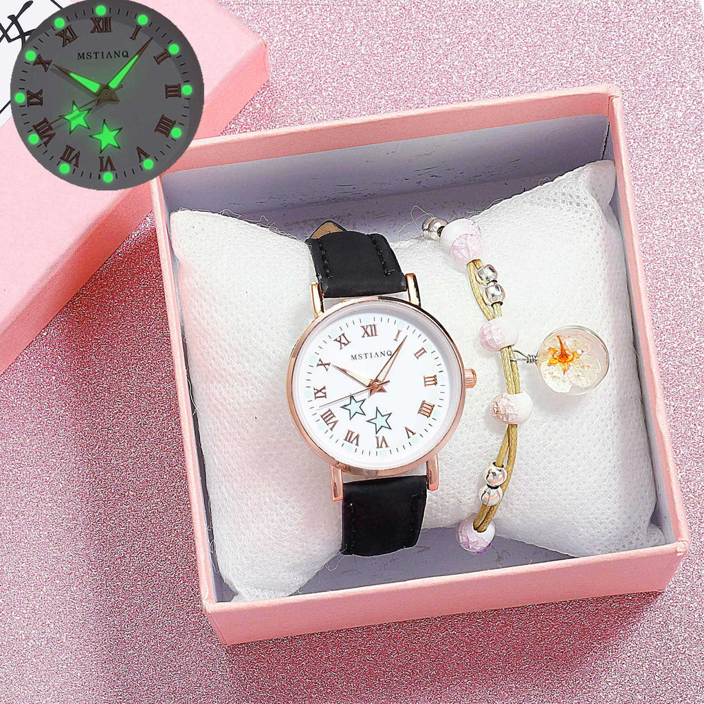 Montres à quartz Fashion Girls - Ensemble bracelet, montre à cadran lumineux, montre-bracelet décontractée en cuir pour femmes, bracelet en cuir fin, montre à quartz analogique décontractée minimaliste et simple.