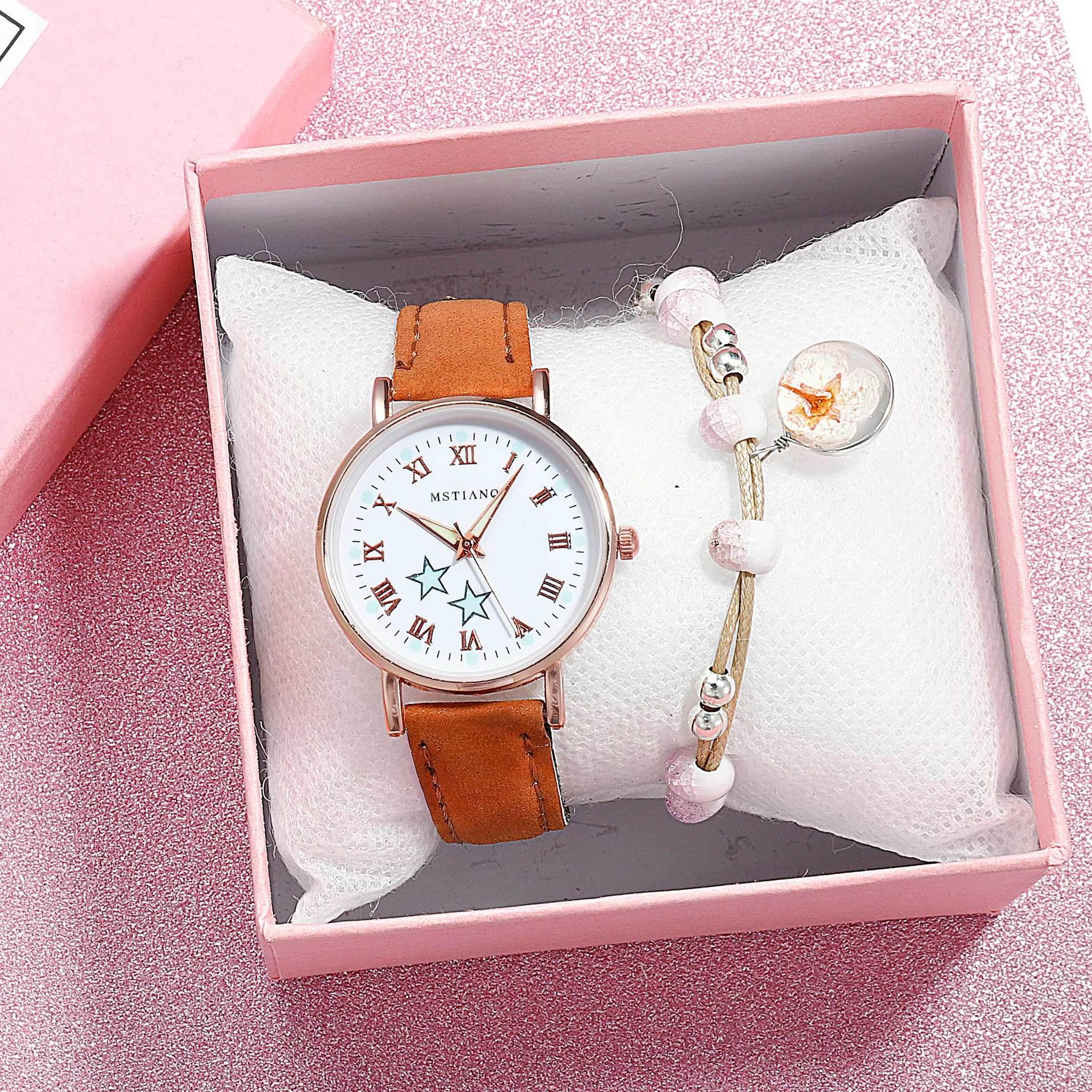 Montres à quartz Fashion Girls - Ensemble bracelet, montre à cadran lumineux, montre-bracelet décontractée en cuir pour femmes, bracelet en cuir fin, montre à quartz analogique décontractée minimaliste et simple.
