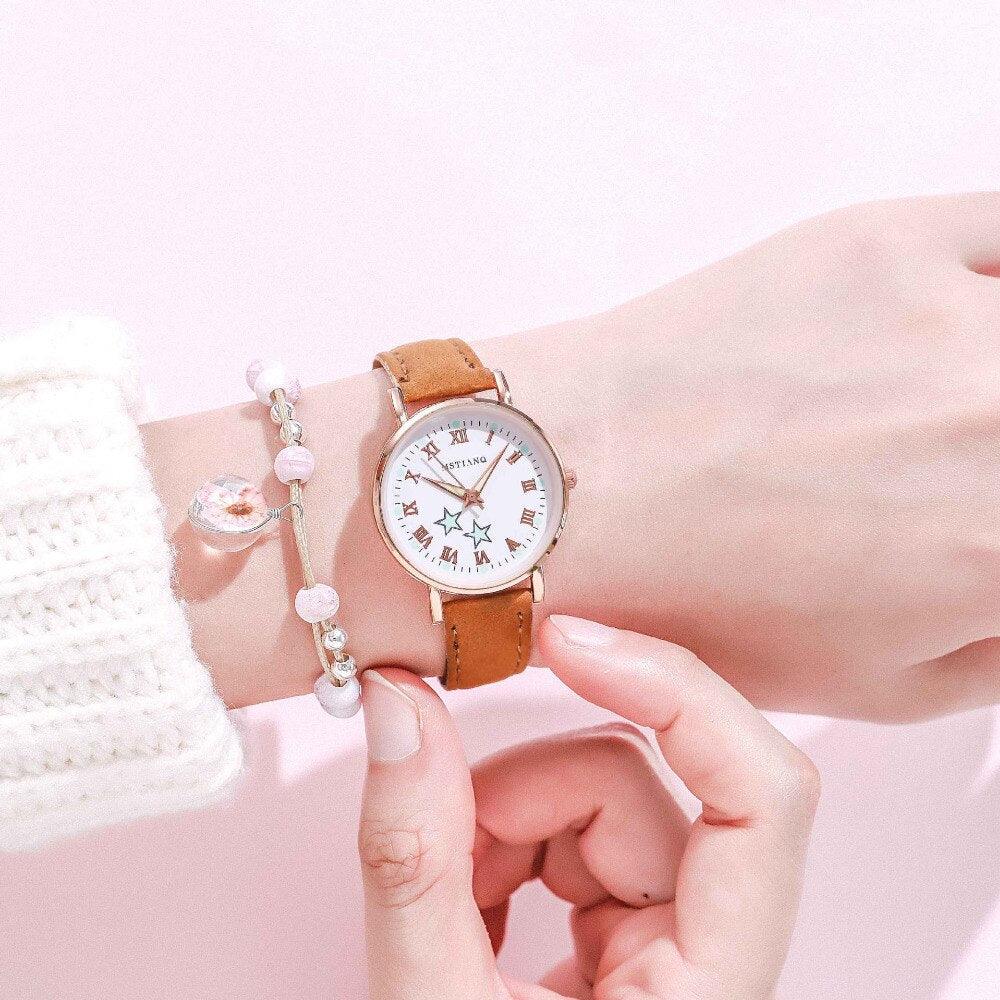 Montres à quartz Fashion Girls - Ensemble bracelet, montre à cadran lumineux, montre-bracelet décontractée en cuir pour femmes, bracelet en cuir fin, montre à quartz analogique décontractée minimaliste et simple.