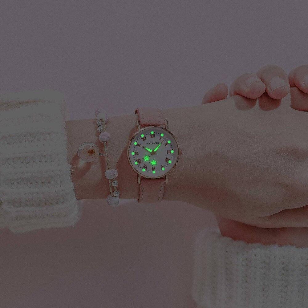 Montres à quartz Fashion Girls - Ensemble bracelet, montre à cadran lumineux, montre-bracelet décontractée en cuir pour femmes, bracelet en cuir fin, montre à quartz analogique décontractée minimaliste et simple.