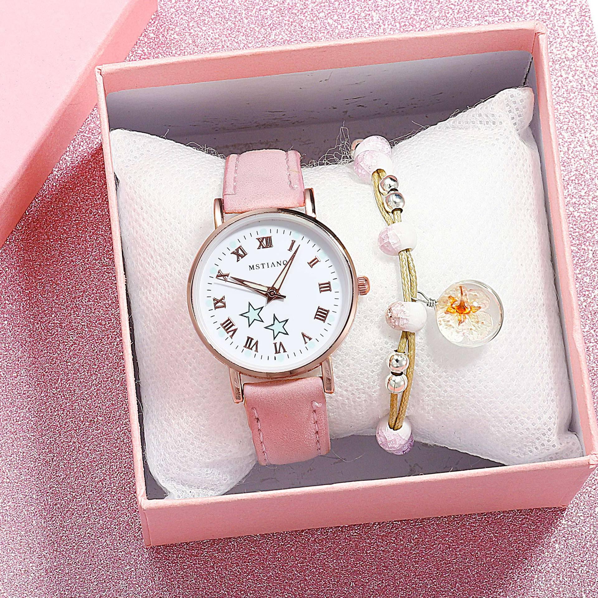 Montres à quartz Fashion Girls - Ensemble bracelet, montre à cadran lumineux, montre-bracelet décontractée en cuir pour femmes, bracelet en cuir fin, montre à quartz analogique décontractée minimaliste et simple.
