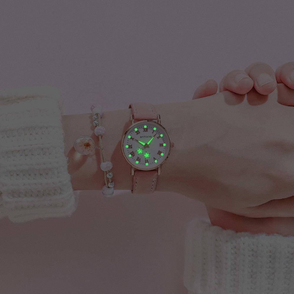 Montres à quartz Fashion Girls - Ensemble bracelet, montre à cadran lumineux, montre-bracelet décontractée en cuir pour femmes, bracelet en cuir fin, montre à quartz analogique décontractée minimaliste et simple.
