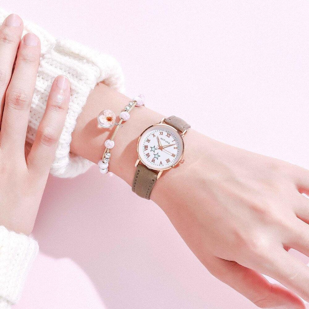 Montres à quartz Fashion Girls - Ensemble bracelet, montre à cadran lumineux, montre-bracelet décontractée en cuir pour femmes, bracelet en cuir fin, montre à quartz analogique décontractée minimaliste et simple.
