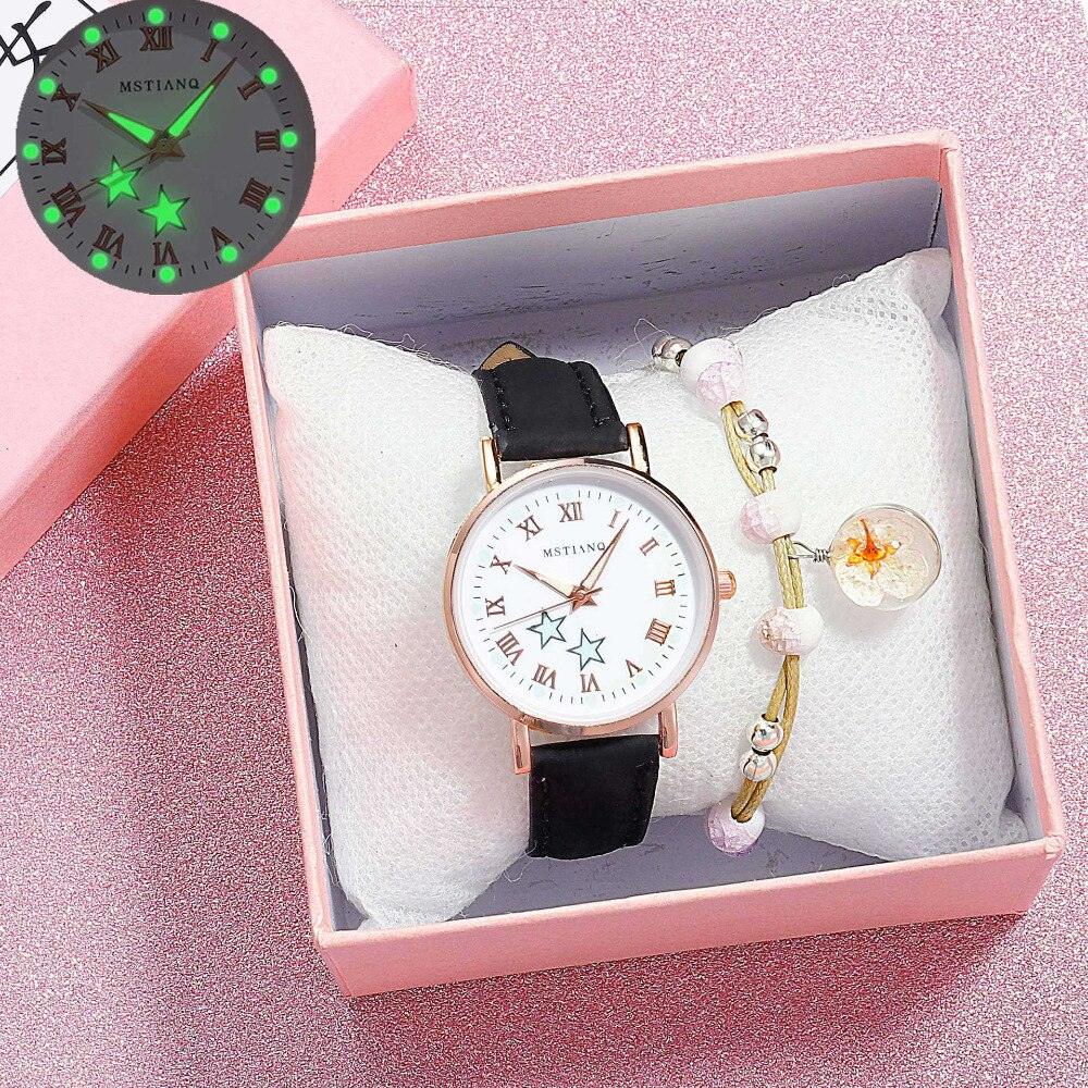 Montres à quartz Fashion Girls - Ensemble bracelet, montre à cadran lumineux, montre-bracelet décontractée en cuir pour femmes, bracelet en cuir fin, montre à quartz analogique décontractée minimaliste et simple.