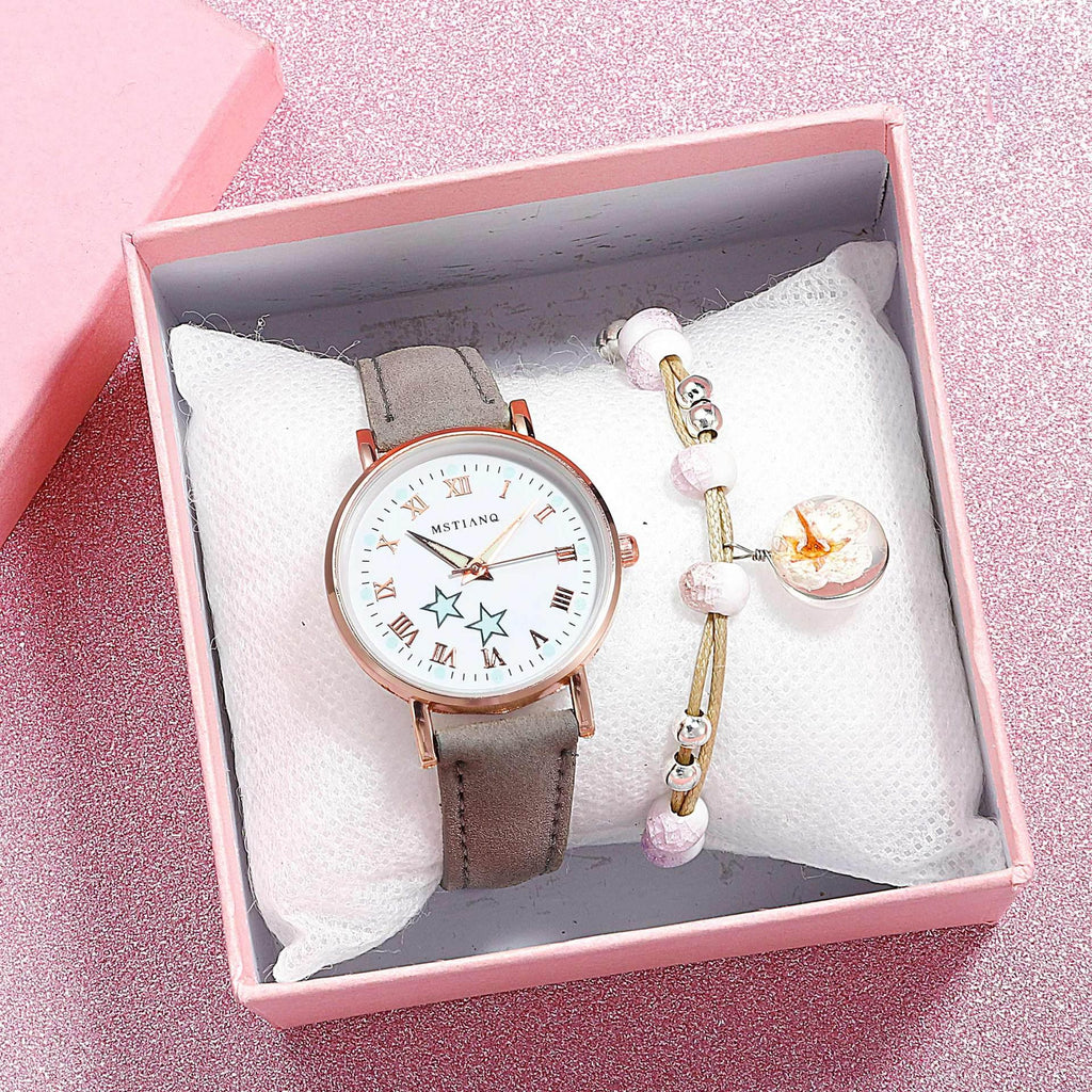 Montres à quartz Fashion Girls - Ensemble bracelet, montre à cadran lumineux, montre-bracelet décontractée en cuir pour femmes, bracelet en cuir fin, montre à quartz analogique décontractée minimaliste et simple.