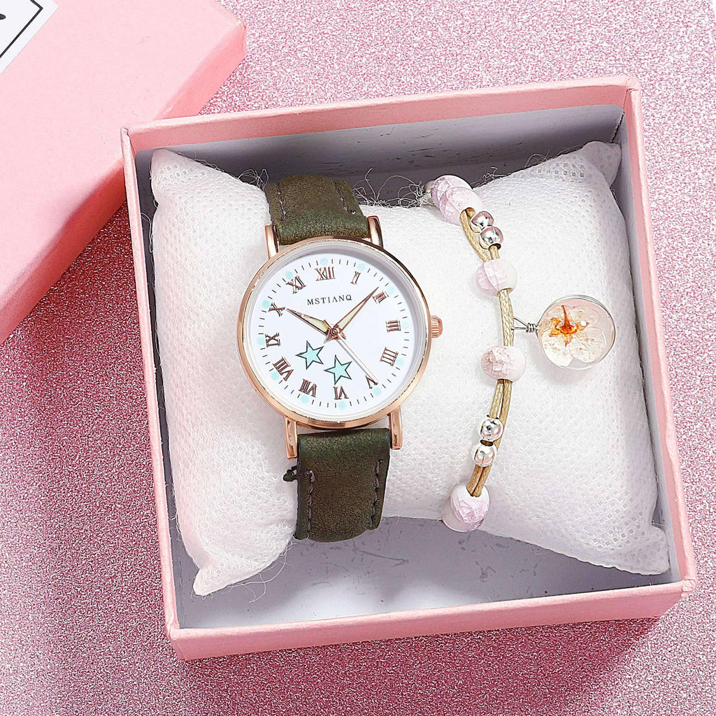 Montres à quartz Fashion Girls - Ensemble bracelet, montre à cadran lumineux, montre-bracelet décontractée en cuir pour femmes, bracelet en cuir fin, montre à quartz analogique décontractée minimaliste et simple.