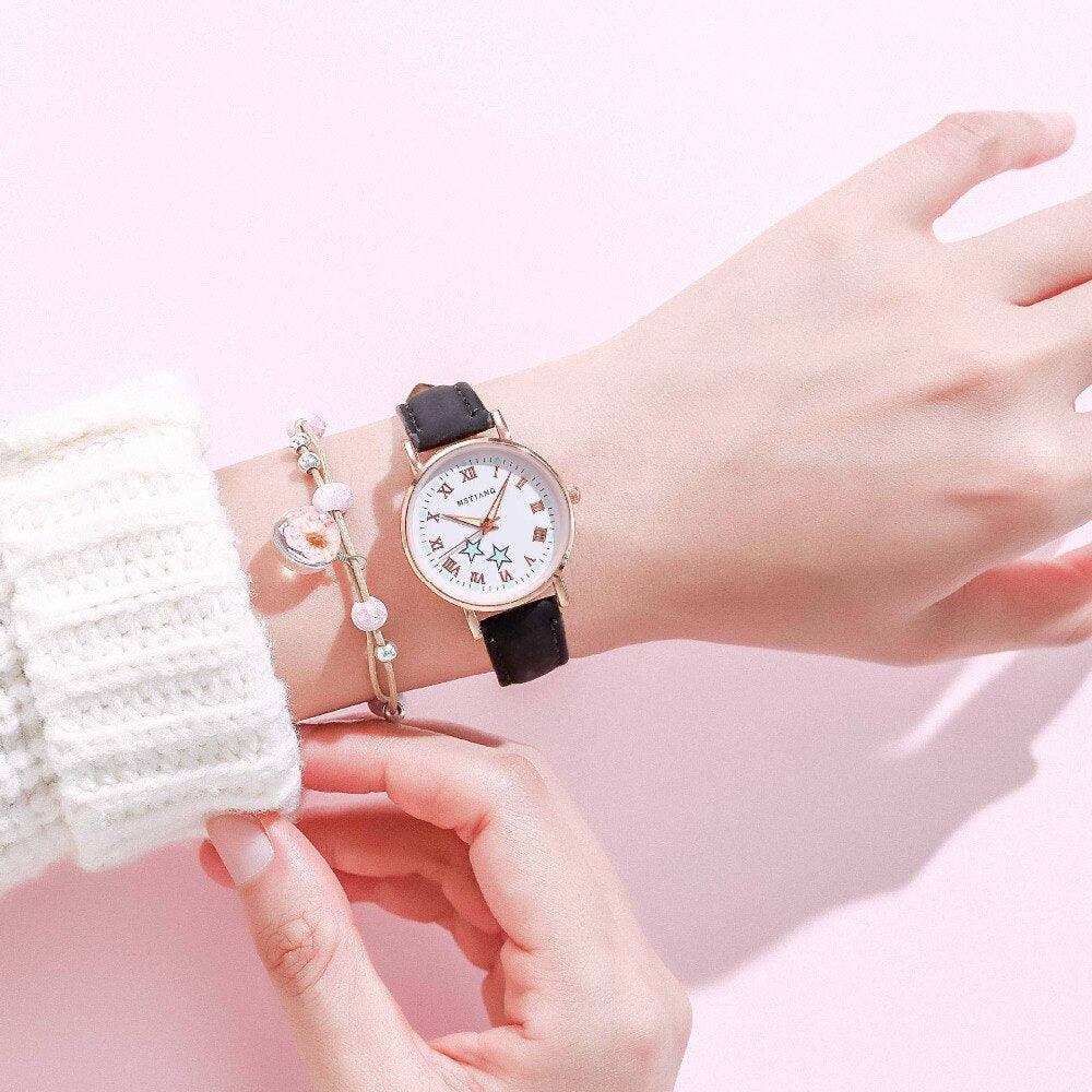 Montres à quartz Fashion Girls - Ensemble bracelet, montre à cadran lumineux, montre-bracelet décontractée en cuir pour femmes, bracelet en cuir fin, montre à quartz analogique décontractée minimaliste et simple.