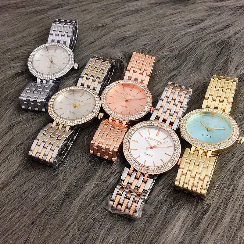 Montre de Luxe Argentée Femme Montres Strass Montre Femme Acier Inoxydable et Bracelet Ensemble pour Femme Montre Bracelet Strass Or Rose avec Joncs Montres Bracelet Mère