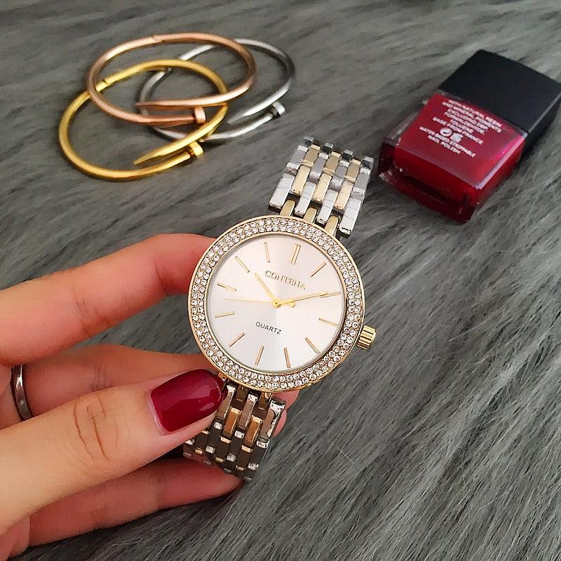 Montre de Luxe Argentée Femme Montres Strass Montre Femme Acier Inoxydable et Bracelet Ensemble pour Femme Montre Bracelet Strass Or Rose avec Joncs Montres Bracelet Mère