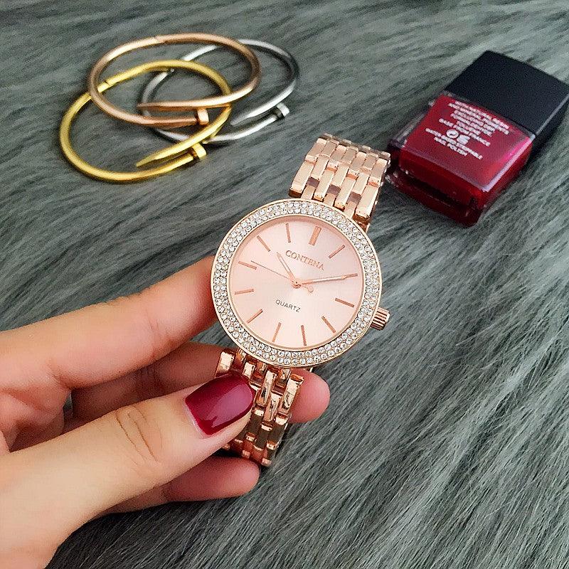 Montre de Luxe Argentée Femme Montres Strass Montre Femme Acier Inoxydable et Bracelet Ensemble pour Femme Montre Bracelet Strass Or Rose avec Joncs Montres Bracelet Mère