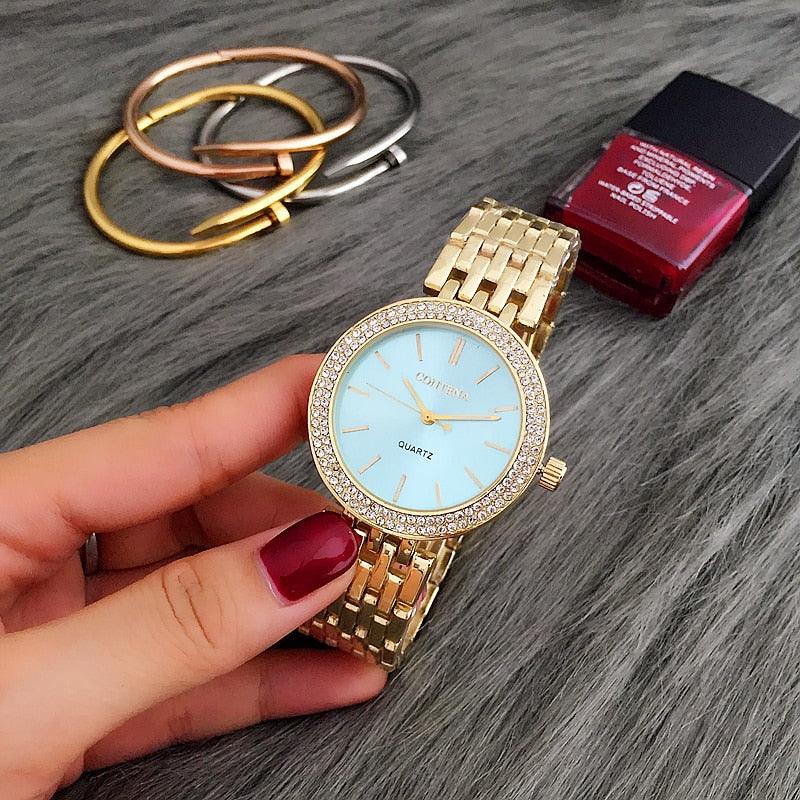 Montre de Luxe Argentée Femme Montres Strass Montre Femme Acier Inoxydable et Bracelet Ensemble pour Femme Montre Bracelet Strass Or Rose avec Joncs Montres Bracelet Mère