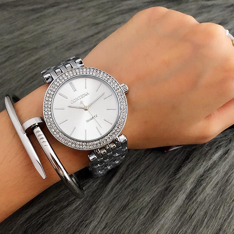 Montre de Luxe Argentée Femme Montres Strass Montre Femme Acier Inoxydable et Bracelet Ensemble pour Femme Montre Bracelet Strass Or Rose avec Joncs Montres Bracelet Mère