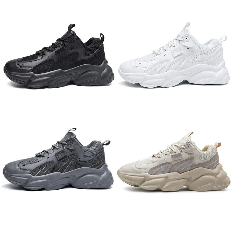 Chaussures de sport blanches pour hommes, tendance décontractée confortable, baskets épaisses noires pour hommes, design été blanc, baskets de tennis de course en plein air, mode sport, baskets décontractées confortables pour hommes.