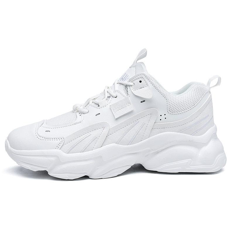 Chaussures de sport blanches pour hommes, tendance décontractée confortable, baskets épaisses noires pour hommes, design été blanc, baskets de tennis de course en plein air, mode sport, baskets décontractées confortables pour hommes.